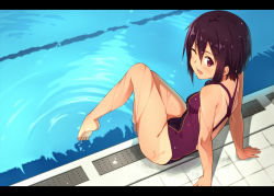 Rule 34 | 1girl, arm up, bad id, bad pixiv id, barefoot, blush, breasts, competition swimsuit, feet, from above, kinta (distortion), letterboxed, looking at viewer, looking back, one-piece swimsuit, one eye closed, open mouth, original, plantar flexion, pool, purple eyes, purple hair, short hair, sitting, smile, solo, swimsuit, tan, tanline, toes, water, wet