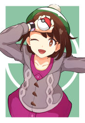Rule 34 | 1girl, ;d, absurdres, arm up, bob cut, brown eyes, brown hair, buttons, cable knit, cardigan, collared dress, commentary request, creatures (company), dress, game freak, gloria (pokemon), green hat, grey cardigan, hat, highres, holding, holding poke ball, nintendo, one eye closed, open mouth, poke ball, poke ball (basic), pokemon, pokemon swsh, roka (o-yasumi), short hair, smile, solo, tam o&#039; shanter, tongue