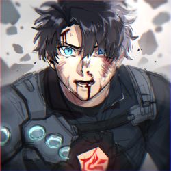 Rule 34 | 1boy, armor, black armor, black gloves, black hair, blood, blood from mouth, blood on face, command spell, es fthc, fate/grand order, fate (series), fujimaru ritsuka (male), gloves, hair between eyes, highres, looking at viewer, male focus, official alternate costume, open mouth, short hair, shoulder armor, solo, upper body