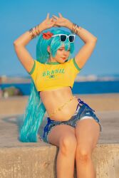 1girl armpits blue_hair brazilian_miku brazilian_miku_(cosplay) cosplay hatsune_miku hatsune_miku_(cosplay) highres jeans_shorts legs long_hair real_life saya_scarlet shorts solo