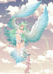 Rule 34 | 1girl, absurdres, ahoge, artist name, bare shoulders, bauble, bird legs, bird tail, blue feathers, blue hair, blue wings, blumairwen, braid, breasts, cloud, commentary, dated, english commentary, facial mark, feather hair ornament, feathered wings, feathers, flying, gradient hair, gradient wings, green hair, hair ornament, harpy, highres, long hair, medium breasts, midriff, monster girl, multicolored hair, multicolored wings, navel, original, pink shorts, red eyes, see-through, see-through shirt, short shorts, shorts, shoulder tattoo, side braid, sky, smile, solo, tail, talons, tattoo, white feathers, white wings, winged arms, wings