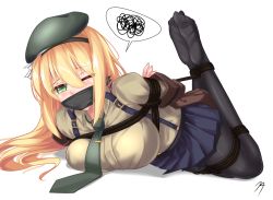 Rule 34 | 1girl, arms behind back, bdsm, beret, black pantyhose, blonde hair, blue skirt, bondage, bound, breasts, brown jacket, commentary request, eyes visible through hair, female focus, gag, girls&#039; frontline, green eyes, green hat, hair between eyes, hairband, hat, jacket, large breasts, long hair, lying, m1 garand (girls&#039; frontline), necktie, on stomach, one eye closed, pantyhose, pleated skirt, plusout, rope, signature, simple background, skirt, soles, solo, speech bubble, spoken squiggle, squiggle, suspender skirt, suspenders, uniform, white background