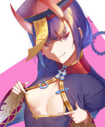 Rule 34 | 1girl, breasts, cleavage cutout, clothing cutout, covering nipples, covering privates, eyeliner, fate/grand order, fate (series), grin, hair rings, hat, highres, horns, jiangshi costume, looking at viewer, makeup, ofuda, oni, purple eyes, purple hair, qingdai guanmao, shuten douji (fate), shuten douji (festival outfit) (fate), skin-covered horns, small breasts, smile, solo, two-tone background, upper body, yamakou (yamakou e2)