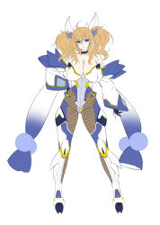 Rule 34 | 1girl, action taimanin, aoi nagisa (metalder), bare shoulders, blonde hair, blue eyes, breasts, choker, closed mouth, collarbone, covered navel, curvy, full body, hair ornament, hand on own hip, highleg, highleg leotard, highres, impossible clothes, large breasts, leotard, lilith-soft, lips, long hair, looking at viewer, official art, onizaki kirara, pantyhose, shiny clothes, shiny skin, simple background, solo, taimanin (series), thighhighs, thong leotard, twintails, white background, wide sleeves
