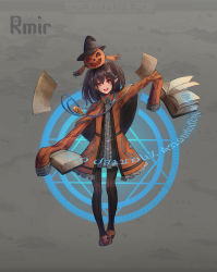 Rule 34 | 1girl, :d, absurdres, book, brown hair, brown pantyhose, capelet, coat, floating, floating book, floating object, full body, head tilt, highres, jack-o&#039;-lantern, long sleeves, looking at viewer, magic circle, nekojira, open book, open mouth, orange capelet, orange coat, original, outstretched arms, pantyhose, pixiv fantasia, pixiv fantasia revenge of the darkness, red eyes, sleeves past fingers, sleeves past wrists, slippers, smile, solo, spread arms, twintails, two-sided capelet