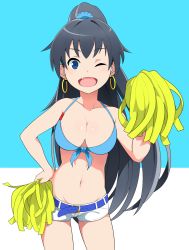 Rule 34 | 1girl, belt, bikini, bikini top only, black hair, blue eyes, breasts, cleavage, earrings, fang, front-tie top, ganaha hibiki, hand on own hip, haseneko, highres, idolmaster, idolmaster (classic), jewelry, large breasts, long hair, looking at viewer, navel, one eye closed, open mouth, pom pom (cheerleading), ponytail, shiny skin, short shorts, shorts, solo, swimsuit