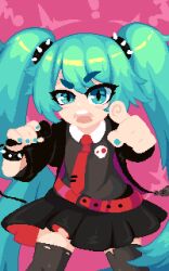 Rule 34 | !, 1girl, alternate costume, aqua eyes, aqua hair, aqua nails, belt, black jacket, black skirt, bracelet, collared shirt, commentary, english commentary, feet out of frame, grey shirt, grey thighhighs, hair tie, half-closed eye, hands up, hatsune miku, holding, holding microphone, jacket, jewelry, long hair, looking at viewer, microphone, minimilieu, multicolored clothes, multicolored jacket, music, necktie, open clothes, open jacket, open mouth, pink background, pixel art, pleated skirt, pointing, pointing at viewer, purple jacket, red belt, red necktie, red skirt, shirt, singing, skirt, skull print, sleeves past elbows, slit pupils, spiked bracelet, spikes, spiral, standing, thick eyebrows, thighhighs, torn clothes, torn thighhighs, twintails, two-sided fabric, two-tone jacket, two-tone skirt, v-shaped eyebrows, very long hair, vocaloid, wing collar, zettai ryouiki