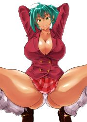 Rule 34 | 1girl, arms up, ass, bare shoulders, breasts, cleavage, curvy, dark-skinned female, dark skin, earrings, green eyes, green hair, haiboku, hair between eyes, highres, huge ass, ikkitousen, jacket, jewelry, large breasts, leg warmers, long hair, long sleeves, looking at viewer, magatama, magatama hair ornament, miniskirt, no bra, panties, plaid, plaid skirt, ryofu housen, school uniform, shiny skin, short hair, simple background, skirt, solo, squatting, suit jacket, thighs, tongue, tongue out, twintails, underwear, v-shaped eyebrows, white background, white panties, wide hips