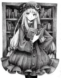 Rule 34 | 1girl, :&lt;, book, bookshelf, bow, buttons, crescent, crescent moon, eyelashes, female focus, greyscale, hair bow, hair ribbon, hand on own hip, hat, head tilt, highres, long hair, monochrome, moon, nobita (makoto7060355), patchouli knowledge, ribbon, robe, sidelocks, solo, standing, touhou