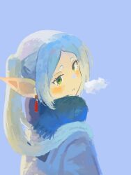 Rule 34 | 1girl, blue background, blue scarf, blush, breath, commentary, earrings, elf, frieren, from side, green eyes, hair over shoulder, highres, jewelry, long hair, looking at viewer, looking back, parted bangs, parted lips, pointy ears, scarf, smile, solo, sousou no frieren, symbol-only commentary, theta (theta456697010), twintails, upper body, white hair, winter clothes