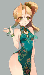 Rule 34 | 1girl, bare shoulders, bracelet, breasts, china dress, chinese clothes, contrapposto, dress, earrings, green eyes, grey background, hip focus, jewelry, kagaminomachi no kaguya, kusanagi tonbo, long hair, official art, otohime (kagami no machi no kaguya), otohime (kagaminomachi no kaguya), pelvic curtain, pointy ears, ponytail, side ponytail, small breasts, smile, solo, standing