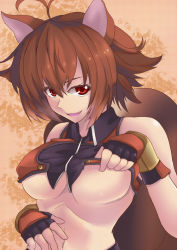 Rule 34 | 1girl, animal ears, antenna hair, arc system works, bare shoulders, blazblue, blazblue: continuum shift, breasts, brown hair, clothes lift, fingerless gloves, gloves, large breasts, makoto nanaya, midriff, naughty face, navel, revealing clothes, shirt lift, short hair, solo, squirrel ears, squirrel tail, tail, teasing, underboob, yude