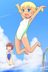 Rule 34 | &gt; &lt;, 2girls, :&gt;, :d, armpits, arms up, barefoot, blonde hair, blue eyes, blush, brown hair, child, cloud, competition swimsuit, contrail, day, closed eyes, fang, feet, flat chest, jumping, multiple girls, one-piece swimsuit, one-piece tan, open mouth, original, outdoors, outstretched arms, pool ladder, poolside, sky, smile, swimsuit, tan, tanline, toes, tomboo, water