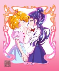 Rule 34 | 2girls, aged up, asahina mirai, blonde hair, border, braid, crown braid, eye contact, forehead-to-forehead, heads together, holding hands, interlocked fingers, izayoi liko, kamikita futago, long hair, long sleeves, looking at another, mahou girls precure!, multiple girls, official art, pink background, ponytail, precure, profile, puffy short sleeves, puffy sleeves, purple eyes, purple hair, short sleeves, signature, skirt, smile, yuri
