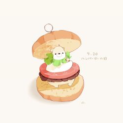 Rule 34 | animal focus, bear, burger, chai (drawingchisanne), commentary request, dated, food, food focus, full body, in food, lettuce, looking at viewer, no humans, original, polar bear, shadow, shirokuma-san (drawingchisanne), signature, simple background, tomato, translated, undersized animal, white background