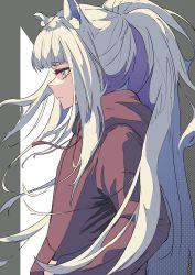 Rule 34 | 1girl, absurdres, animal ears, arknights, drawstring, flat chest, from side, hands in pocket, highres, hood, hoodie, horse ears, long eyelashes, long hair, platinum (arknights), ponytail, red shirt, sarasa dry, shirt, simple background, solo, sweater, white hair