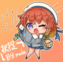 Rule 34 | 1girl, asimo953, beans, blonde hair, blue skirt, blush, braid, buttons, chibi, commentary request, etorofu (kancolle), gradient hair, hair between eyes, hat, holding, kantai collection, long sleeves, multicolored hair, one eye closed, open mouth, purple eyes, red hair, ribbon, setsubun, side braid, simple background, skirt, solo, standing, thick eyebrows, tsurime, twin braids