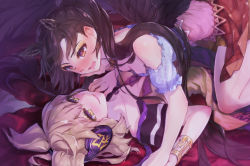 Rule 34 | 2girls, :d, animal ears, bare legs, bare shoulders, bed sheet, black hair, blonde hair, blue shirt, blush, bracelet, brown skirt, chest tattoo, commentary request, earmuffs, eye contact, feet out of frame, hair between eyes, hand up, holding hands, jewelry, kneeling, kurokoma saki, long hair, looking at another, lying, miniskirt, multiple girls, no headwear, off-shoulder shirt, off shoulder, on back, open mouth, ponytail, puffy short sleeves, puffy sleeves, red eyes, shirt, short hair, short sleeves, skirt, smile, syuri22, tail, tattoo, thighs, touhou, toyosatomimi no miko, very long hair, yellow eyes, yuri