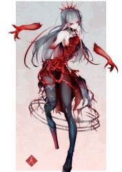 Rule 34 | 1girl, amputee, blood, commission, detached arm, double amputee, fingernails, full body, grey hair, guro, hemokinesis, highres, intestines, long fingernails, long hair, mabo9317, original, pale skin, platform footwear, pointy ears, red eyes, ribs, sharp fingernails, skeb commission, skeleton, solid eyes, solo, spine, torn clothes, virtual youtuber