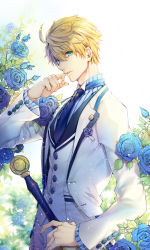 Rule 34 | 1boy, absurdres, ahoge, arthur pendragon (fate), arthur pendragon (white rose) (fate), blonde hair, blue flower, blue necktie, blue rose, excalibur (fate/prototype), fate/grand order, fate (series), flower, formal, green eyes, highres, holding, holding flower, jacket, kingchenxi, light particles, long sleeves, looking at viewer, necktie, pants, rose, shirt, short hair, striped clothes, striped shirt, suit, sword, tie clip, type-moon, upper body, vertical-striped clothes, vertical-striped shirt, waistcoat, weapon, white jacket, white pants, white suit