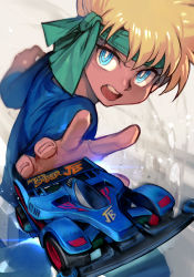Rule 34 | 1boy, bakusou kyoudai let&#039;s &amp; go!!, blonde hair, blue eyes, bodysuit, dark-skinned male, dark skin, hand up, headband, hungry clicker, j (let&#039;s &amp; go), male focus, open mouth, ringed eyes, simple background, solo, toy, toy car, v-shaped eyebrows