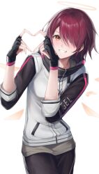 Rule 34 | 1girl, absurdres, arknights, black gloves, commentary, detached wings, exusiai (arknights), fingerless gloves, gloves, grey shirt, grin, hair over one eye, halo, heart, heart hands, highres, jacket, looking at viewer, orange eyes, r oot, red hair, shirt, short hair, simple background, smile, solo, white background, white jacket, wings