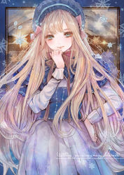 Rule 34 | 1girl, blonde hair, blue eyes, blue headwear, bow, closed mouth, floating hair, hair bow, hand on own hip, highres, komorihikki, layered sleeves, long hair, long sleeves, looking at viewer, original, painting (medium), pink bow, pleated skirt, short over long sleeves, short sleeves, skirt, smile, snowflakes, solo, standing, sweater, traditional media, underbust, very long hair, watercolor (medium), white skirt, white sweater