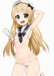 Rule 34 | 1girl, adapted costume, bikini, blonde hair, blue eyes, blue sailor collar, commentary request, cowboy shot, flat chest, gloves, hat, highres, jervis (kancolle), kantai collection, kusaka souji, long hair, lowleg, lowleg bikini, open mouth, sailor bikini, sailor collar, simple background, smile, solo, swimsuit, teeth, upper teeth only, white background, white bikini, white gloves, white hat