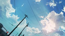 Rule 34 | absurdres, banishment, blue sky, cloud, cloudy sky, commentary request, day, highres, no humans, original, outdoors, power lines, scenery, signature, sky, utility pole