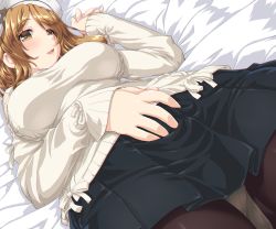 Rule 34 | 1girl, bed, black pantyhose, black skirt, blanket, blush, breasts, brown eyes, brown hair, dd (ijigendd), hat, highres, indoors, italia (kancolle), kantai collection, large breasts, littorio (kancolle), long hair, long sleeves, looking at viewer, lying, on bed, open mouth, panties, panties under pantyhose, pantyhose, pleated skirt, ponytail, ribbed sweater, skirt, sleeveless, sleeveless turtleneck, smile, solo, sweater, turtleneck, turtleneck sweater, underwear, wavy hair, white panties