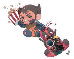 2boys animal_feet beard bleeding blood blue_gloves blush_stickers bodysuit brown_hair bucket chibi claw_(weapon) clenched_teeth deadpool deadpool_&amp;_wolverine deadpool_(series) facial_hair food full_body gloves green_eyes highres holding holding_bucket hoshiimopotato looking_at_viewer male_focus marvel marvel_cinematic_universe multiple_boys popcorn red_bodysuit red_mask short_hair simple_background stab superhero_costume sword teeth two-tone_bodysuit weapon weapon_on_back white_background wolverine_(x-men) x-men yellow_bodysuit