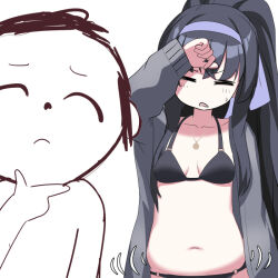 Rule 34 | 1boy, 1girl, doodle sensei (blue archive), bikini, black bikini, black hair, blue archive, bow, breasts, cardigan, cleavage, collarbone, commentary request, grey cardigan, hair between eyes, hair bow, hair ribbon, hand on own chin, hot, jewelry, long hair, long sleeves, looking at another, navel, necklace, o (rakkasei), official alternate costume, official alternate hairstyle, open cardigan, open clothes, pendant, ribbon, sensei (blue archive), sidelocks, simple background, sleeveless, small breasts, stomach, stomach bulge, sweat, swimsuit, thinking, triangle mouth, white background, wiping sweat