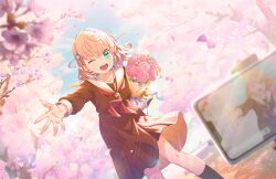 Rule 34 | 1girl, ;d, aqua eyes, artist request, blonde hair, blue ribbon, bouquet, brown dress, cellphone, cherry blossoms, collarbone, copyright name, crossed bangs, dress, falling petals, flower, hair ornament, hasu no sora school uniform, highres, hinoshita kaho, holding, holding bouquet, link! like! love live!, long sleeves, looking at viewer, love live!, medium hair, neckerchief, official art, one eye closed, open hand, open mouth, outdoors, outstretched arm, petals, phone, pink flower, pink rose, pleated dress, rabbit hair ornament, reaching, reaching towards viewer, red neckerchief, ribbon, rose, sailor collar, sailor dress, school uniform, serafuku, side ahoge, smartphone, smile, solo, taking picture, teeth, third-party source, upper teeth only, white sailor collar, winter uniform