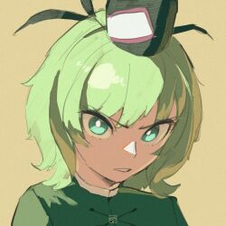 Rule 34 | 1girl, black hat, blast-7, brown background, commentary, green eyes, green hair, hat, highres, looking at viewer, parted lips, short hair, simple background, soga no tojiko, solo, tate eboshi, touhou, upper body