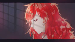 Rule 34 | 1other, androgynous, colored eyelashes, crystal hair, expressionless, houseki no kuni, letterboxed, long hair, looking at viewer, padparadscha (houseki no kuni), profile, red eyes, red hair, solo, wavy hair