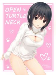 Rule 34 | 1girl, aoyama sumika, black hair, breasts, brown eyes, character name, cleavage, cleavage cutout, clothing cutout, coffee-kizoku, cowboy shot, english text, heart, jewelry, jpeg artifacts, leaning forward, looking at viewer, medium breasts, meme attire, necklace, no pants, open-chest sweater, original, panties, parted lips, ribbed sweater, short hair, sleeves past wrists, solo, sweater, turtleneck, underwear, white panties