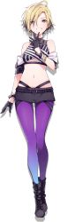 Rule 34 | 1girl, ahoge, black footwear, black gloves, blonde hair, boots, bracelet, camilla (lapis re:lights), detached sleeves, earrings, gloves, grin, hand on own chin, highres, jewelry, lapis re:lights, looking at viewer, navel, official art, pantyhose, purple pantyhose, red eyes, short hair, short shorts, shorts, sleeveless, smile, solo, standing, transparent background, u35, vampire, wrist straps
