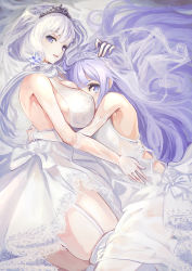 Rule 34 | 2girls, ahoge, azur lane, blue eyes, blush, breasts, bridal veil, commentary request, dress, elbow gloves, garter straps, gloves, highres, huge breasts, illustrious (azur lane), illustrious (morning star of love and hope) (azur lane), looking at viewer, low twintails, lying, mole, mole under eye, multiple girls, one side up, parted lips, purple eyes, purple hair, shouma (bravespiritya), smile, thighhighs, twintails, unicorn (azur lane), veil, wedding dress, white dress, white gloves, white hair, white legwear