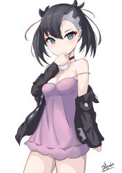Rule 34 | 1girl, absurdres, asymmetrical bangs, bare shoulders, black choker, black hair, black jacket, blush, breasts, choker, closed mouth, collarbone, commentary request, creatures (company), dress, game freak, green eyes, hair between eyes, hair ribbon, hand up, highres, holding, holding poke ball, jacket, long sleeves, marnie (pokemon), medium breasts, nintendo, off shoulder, open clothes, open jacket, pink dress, poke ball, pokemon, pokemon swsh, red ribbon, ribbon, sato art, signature, simple background, sleeves past wrists, smile, solo, strap slip, twintails, white background