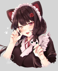 Rule 34 | 1girl, :d, animal ears, black hair, black kimono, blush, brown eyes, claw pose, cropped torso, dog ears, dog hair ornament, fang, fingernails, flower, grey background, hair flower, hair ornament, hair over shoulder, hands up, heterochromia, highres, hiko (zem n), inui toko, japanese clothes, kimono, long fingernails, long hair, low twintails, maid, maid headdress, nijisanji, open mouth, red eyes, red flower, sharp fingernails, simple background, smile, solo, striped, twintails, twitter username, upper body, virtual youtuber, wa maid