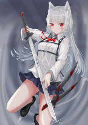 Rule 34 | 1girl, absurdres, animal ear fluff, animal ears, bare legs, cat ears, cat girl, cat tail, expressionless, highres, holding, holding sword, holding weapon, long hair, long sleeves, looking at viewer, miniskirt, nail polish, original, pleated skirt, red eyes, red nails, scabbard, sheath, sheathed, shoe blade, silver hair, skirt, sword, tail, tanshio, weapon