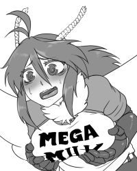 Rule 34 | 1girl, @ @, animal hands, antennae, arthropod girl, breast hold, breasts, clothes writing, fur collar, greyscale, hands on own chest, insect girl, insect wings, less, long hair, looking to the side, mega milk, monochrome, monster girl encyclopedia, monster girl encyclopedia ii, moth girl, moth wings, mothman (monster girl encyclopedia), open mouth, shirt, simple background, solo, sweatdrop, white background, wings
