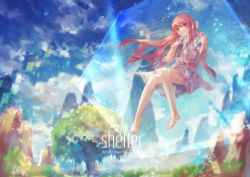 Rule 34 | 1girl, artist name, azomo, bare legs, barefoot, blue sky, copyright name, cube, day, digital dissolve, dress, eyebrows, floating, floating hair, frown, hair ribbon, hands up, highres, invisible chair, layered sleeves, long hair, long sleeves, looking at viewer, mountain, outdoors, red eyes, red hair, ribbon, rin (shelter), scenery, shelter (song), short dress, short over long sleeves, short sleeves, sitting, sky, solo, swing, tablet pc, tree, very long hair