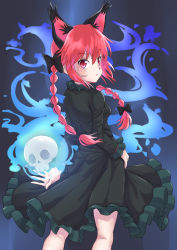 Rule 34 | 1girl, :/, absurdres, animal ears, blush, braid, breasts, cat ears, dress, extra ears, feet out of frame, fire, fire, from behind, green dress, highres, hitodama, kaenbyou rin, long hair, looking at viewer, looking back, parted lips, ramie (ramie541), red eyes, red hair, simple background, skull, small breasts, solo, touhou, twin braids, twintails