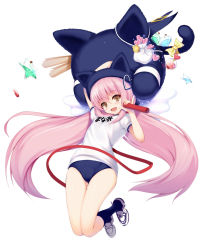 Rule 34 | 1girl, animal hat, baton, buruma, cat hat, clothes writing, full body, gym uniform, hat, heart, jumping, labyrinth bind, long hair, looking at viewer, migumigu, name tag, open mouth, pink hair, ribbon, short hair, simple background, smile, solo, tachi-e, twintails, very long hair, white background