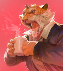 Rule 34 | 1boy, absurdres, barbed tongue, black jacket, cat&#039;s tongue, claws, cup, fangs, furry, furry male, hieumay, highres, holding, holding cup, jacket, male focus, mug, original, red background, shirt, simple background, solo, steam, tiger boy, tongue, tongue out, upper body, white shirt