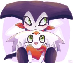 Rule 34 | couple, culumon, digimon, digimon (creature), green eyes, happy, impmon, looking to the side, tongue, zero unit