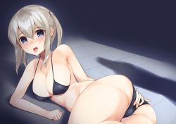 Rule 34 | 10s, 1girl, ass, bad id, bad pixiv id, bikini, black bikini, blonde hair, blue eyes, blush, breasts, breath, cleavage, come hither, commentary, full-face blush, gedou (shigure seishin), graf zeppelin (kancolle), hair between eyes, hand on own ass, heart, heart-shaped pupils, kantai collection, large breasts, looking at viewer, lying, on side, shadow, solo, swimsuit, symbol-shaped pupils, thighs, tongue, tongue out, torogao, twintails, twisted torso