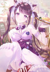 Rule 34 | 1girl, animal ears, arm between legs, arm strap, bottle, bow, breasts, cafe, cat ears, chalkboard, choker, cleavage, crying, detached collar, feet, flower, food, frown, hair bow, hair ornament, heart, heart hair ornament, highres, holding, holding bottle, kappe reeka, maid, maid headdress, omelet, omurice, original, pink flower, purple eyes, sitting, skirt, small breasts, soles, solo, tears, thighhighs, twintails, wavy mouth, white bow, white choker, white skirt, wrist cuffs