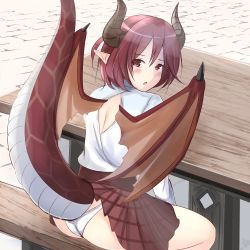 Rule 34 | 1girl, :o, ass, bench, blush, commentary request, dragon horns, dragon tail, dragon wings, granblue fantasy, grea (shingeki no bahamut), highres, horns, looking back, manaria friends, michael nknkn, panties, pantyshot, plaid, plaid skirt, pleated skirt, purple eyes, purple hair, shingeki no bahamut, short hair, sitting, skirt, solo, table, tail, underwear, white panties, wings